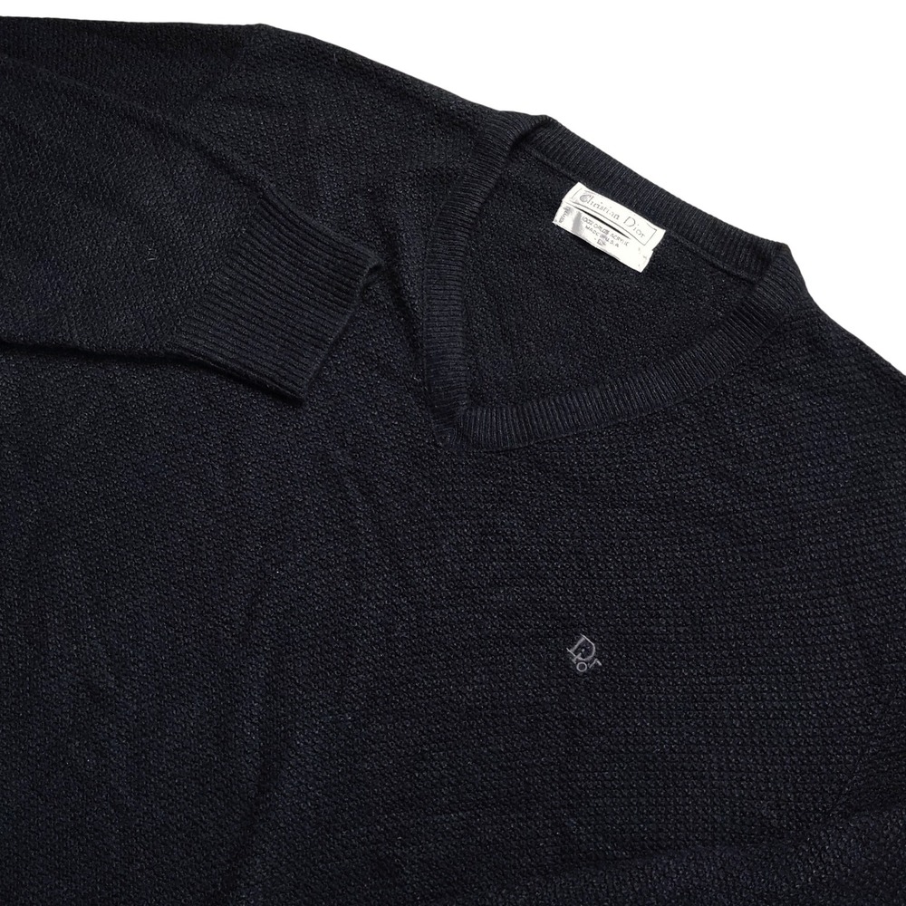 Vintage Christian Dior V-Neck Sweater Mens L Black Vintage Acrylic Knit USA Logo